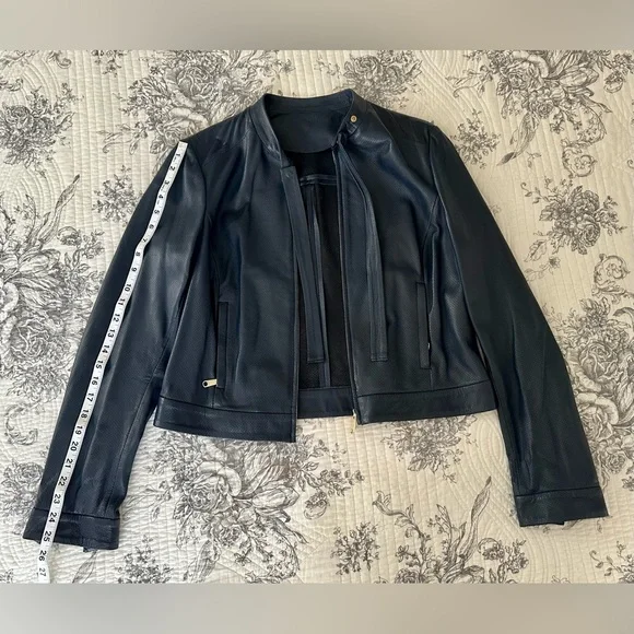 Cropped, indigo blue, perforated leather jacket - Picture 7 of 16